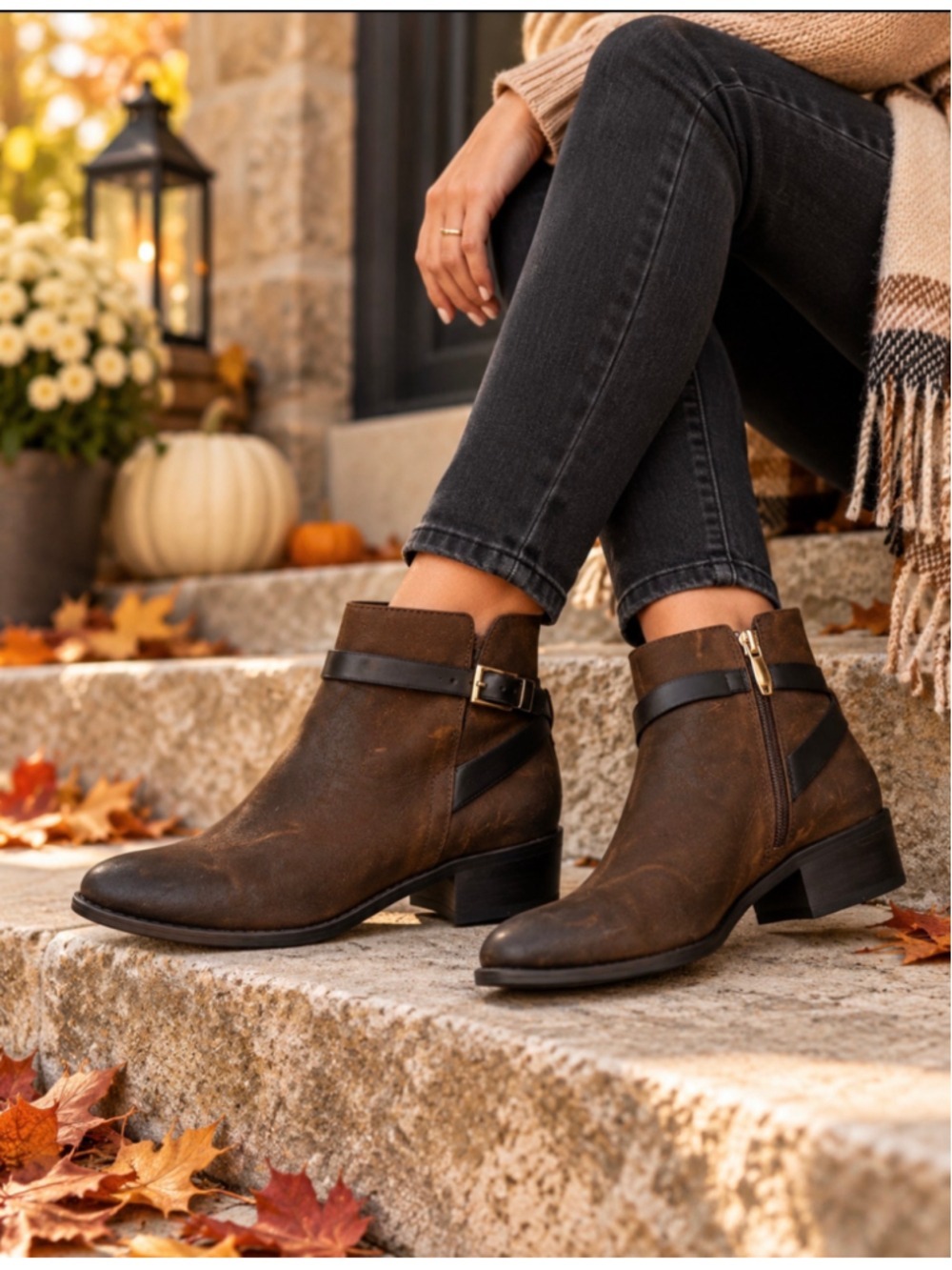 Franco Sarto Santos Womens 8.5 Brown Suede Leather Harness Moto Ankle Boots Gold